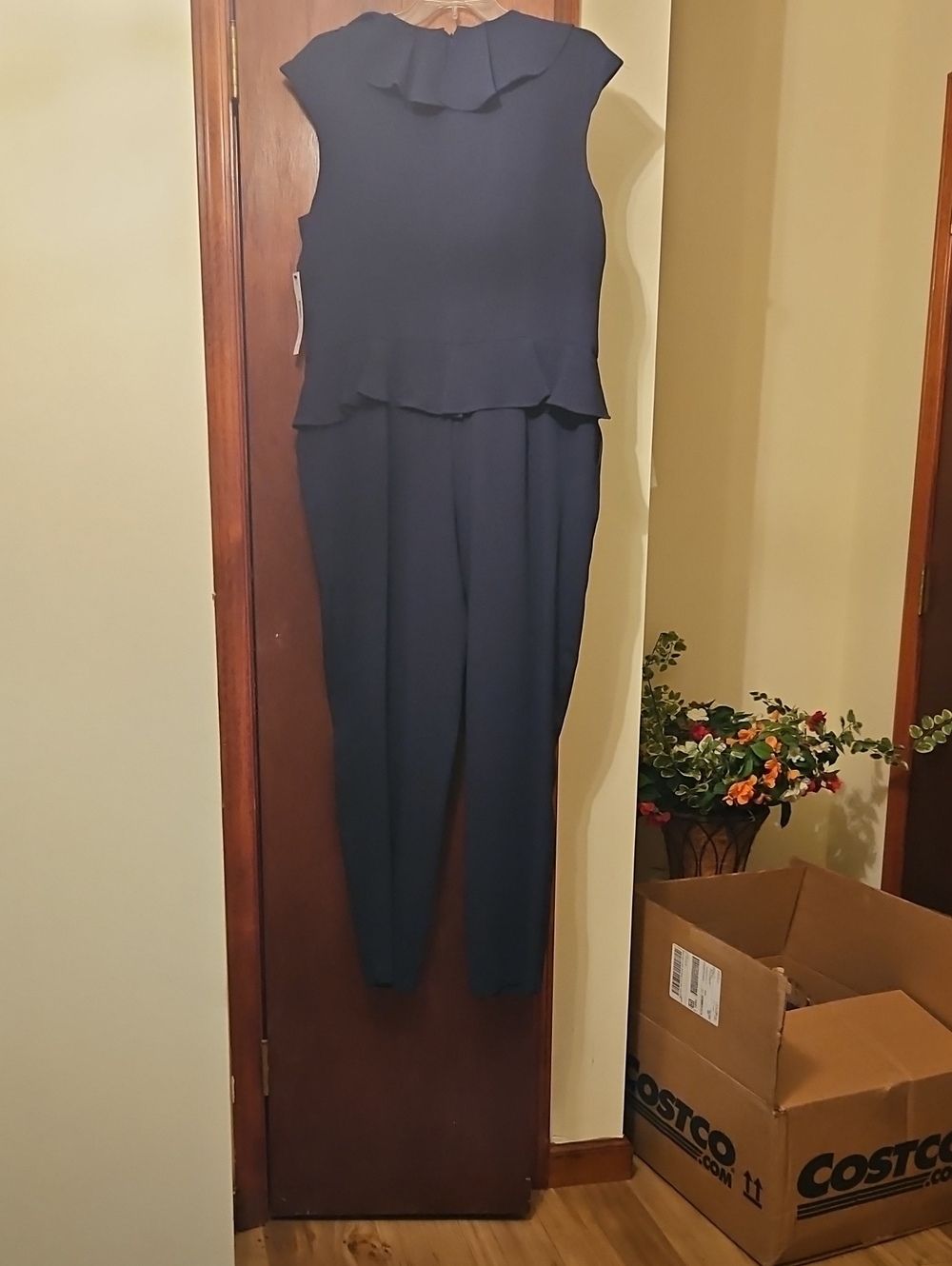Maggy London Navy Sleeveless Jumpsuit with Ruffle Neck